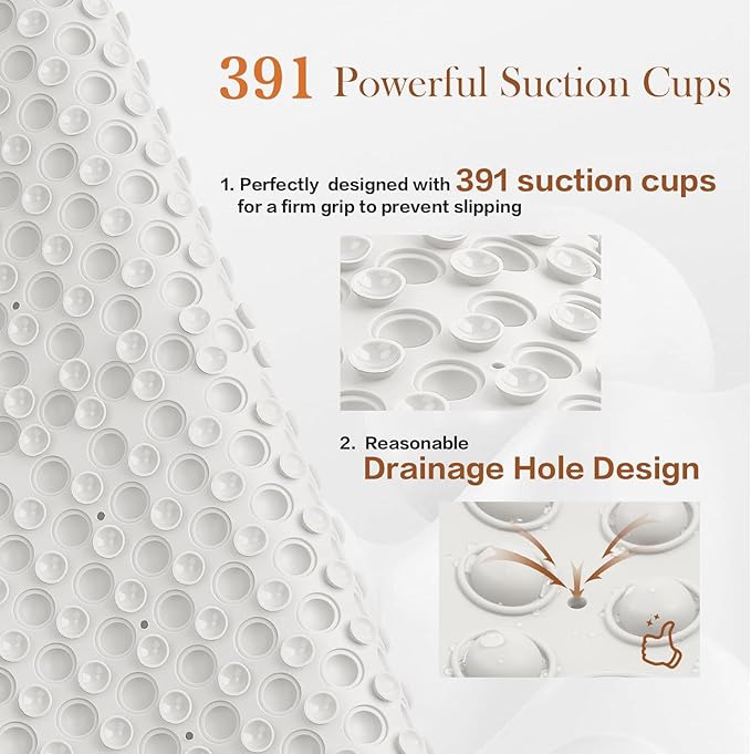 Silicone Push Pop Bath Mat with 391 Suction Cups, 33x17.3 Inch Non-Slip Tub Mat for Adults, Textured Surface for Extra Stability & Drainage, White Thickened Soft Shower mat Easy to Clean