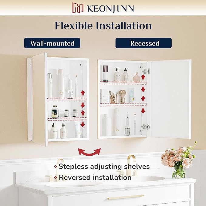 Keonjinn 64 x 32 Inch Medicine Cabinet, Assembly Required, White Bathroom Medicine Cabinets Mirror, Lightweight, Adjustable Shelves, Surface Mount or Recessed, Tempered Glass