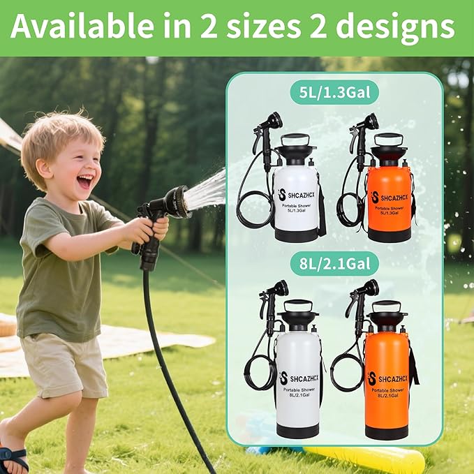 2.1 Gallon/8L Portable Outdoor Shower, 10 Spray Modes, No Power Needed, Insulated Sleeve Keeps Water Warm, Multi-Use Sprayer for Camping, Beach & Surfing, Fishing, Hiking, Road Trips, White