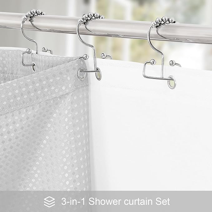 3 in 1 Extra Long Light Grey Shower Curtain Set-72 W x 84 H, Modern Waffle and PEVA Liner Set with 12 Stainless Steel Hooks, Waterproof Fabric for Bathroom