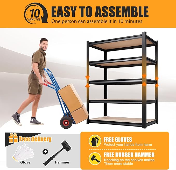 45.6" W Garage Shelving Heavy Duty 5-Tier Storage Shelves, Home Storage Shelf, Adjustable Metal Shelving Unit, for Pantry, Kitchen, Basement, Warehouse, 45.6" Wx17.7 Dx71.2 H, Black