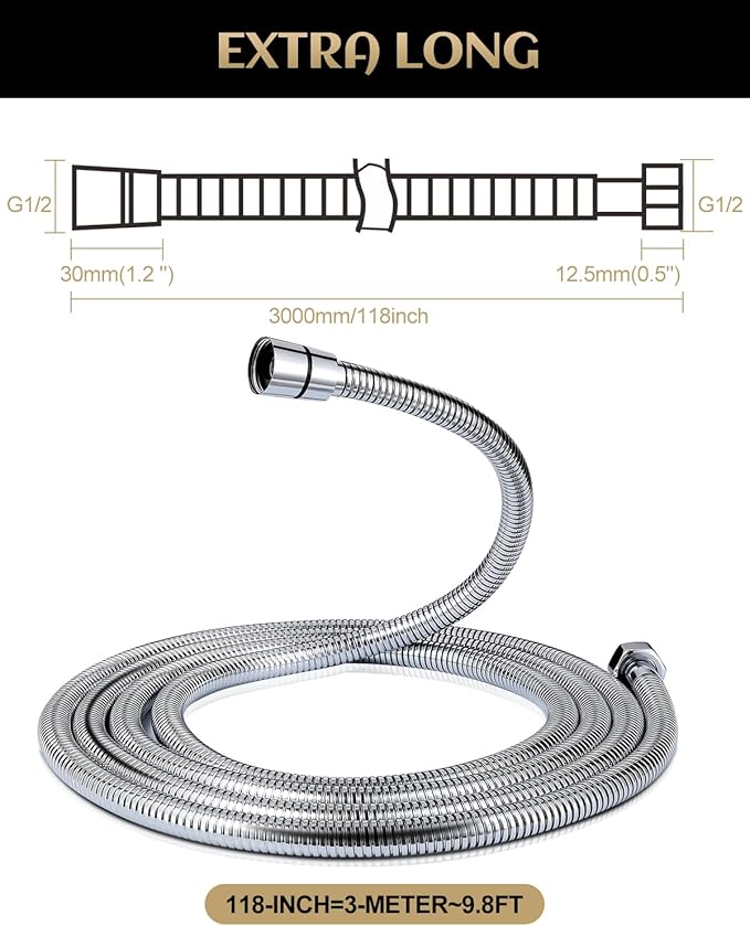 Stainless Steel Shower Hose, Extra Long 118 Inches, Handheld Shower Head Hose Replacement, Brass Insert & Nut, G1/2 Universal Standard Connection, Anti-Explosion Anti-Kink Leakproof, Chrome
