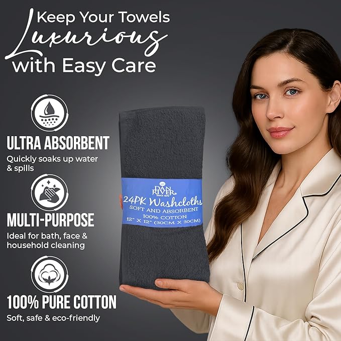 DAN RIVER 24 Pack Wash Cloths for Showering [12x12] - 100% Cotton Washcloths Premium Quality Flannel Face Cloths for Bathroom, Highly Absorbent and Soft Feel Wash Clothes, Charcoal
