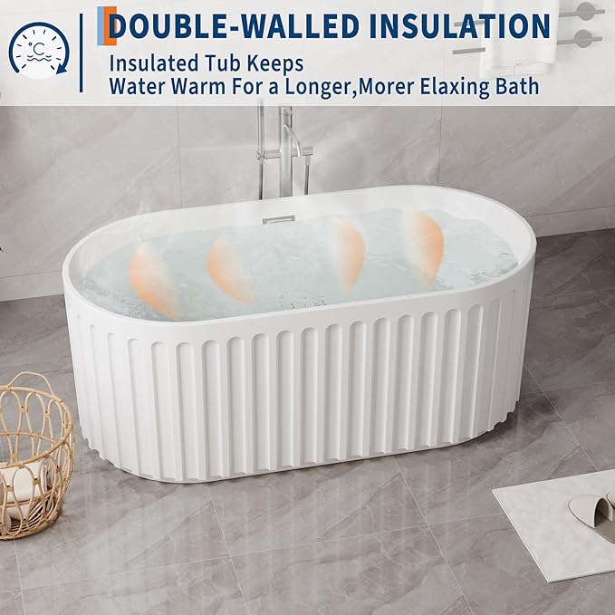 59-in Freestanding Bathtub - Acrylic Soaking Tub with Overflow Drain - CUPC Certified Thickened Design Glossy White for Bathroom