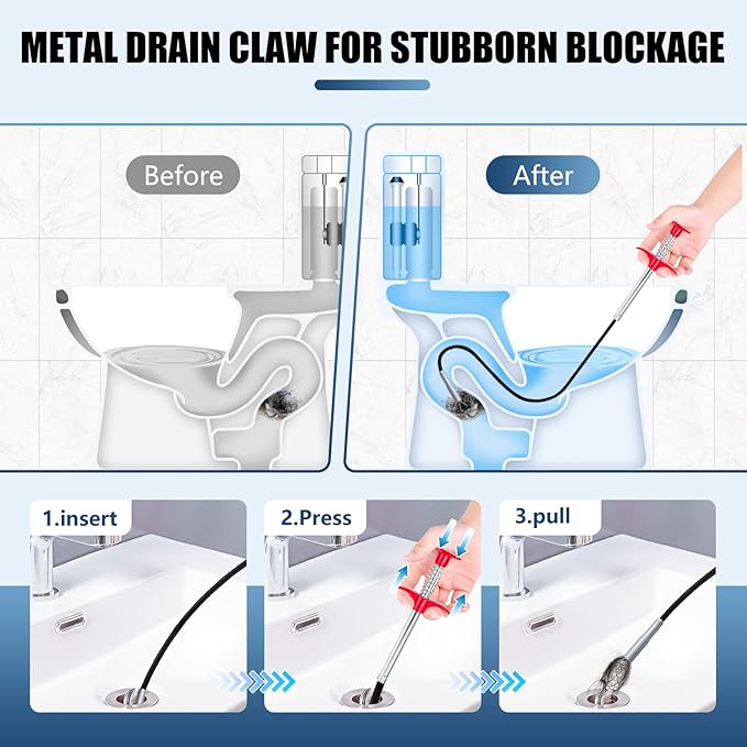 24'' Flexible Grabber Claw (4 Claws), Drain Snake with Tweezers, Bendable Hose Grabber Reacher Tool, Retractable Drain Clog Remover Tool, Pickup Tool for Bath Tub, Toilet, Kitchen Sink & Sewer
