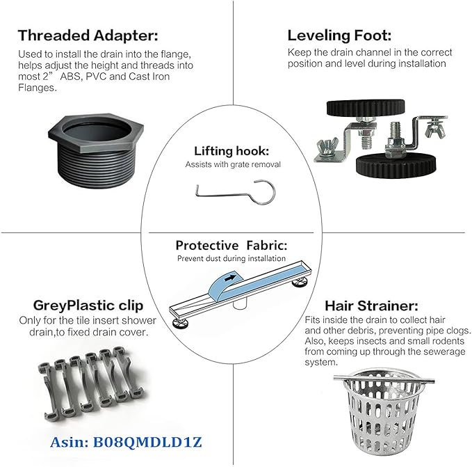 Neodrain 60-Inch Linear Shower Drain with Tile Insert Grate,Brushed 304 Stainless Steel Rectangle Shower Floor Drain, Linear Drain with Leveling Feet, Hair Strainer
