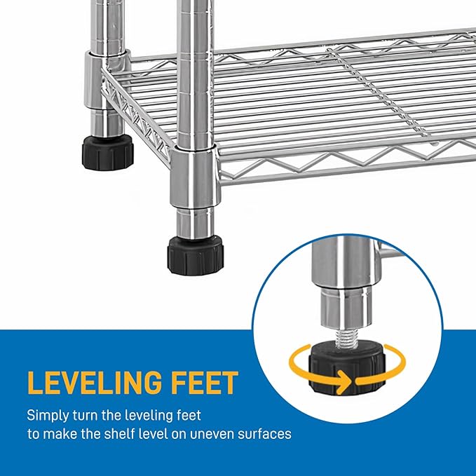 3 Tier Storage Racks Shelving, Heavy Steel Pantry Shelves, Adjustable Wire Shelving Rack, Suitable for Garage, Kitchen, Bathroom, Office, 18" W x 8" D x 18" H, Chrome