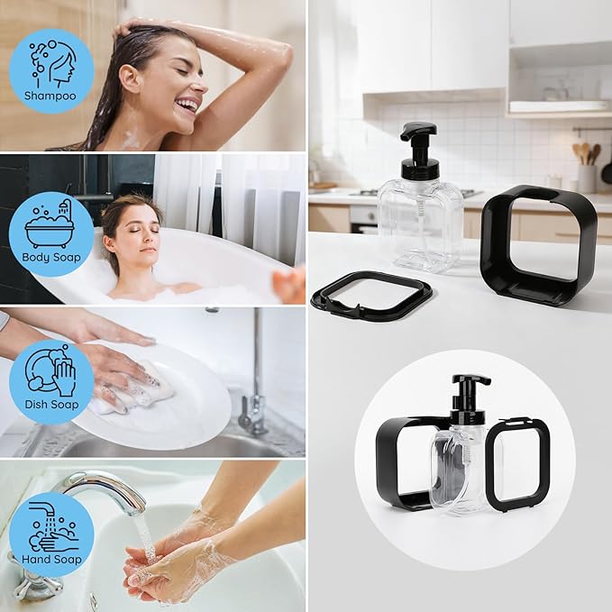 Segbeauty 10.1oz Black Foaming Soap Dispenser for Kitchen, 4pcs 300ml Plastic Square Dish Wash Foam Pump Bottles, Refillable Shampoo Shower Foam Soap Dispenser, Foam Hand Wash Dispenser with Labels