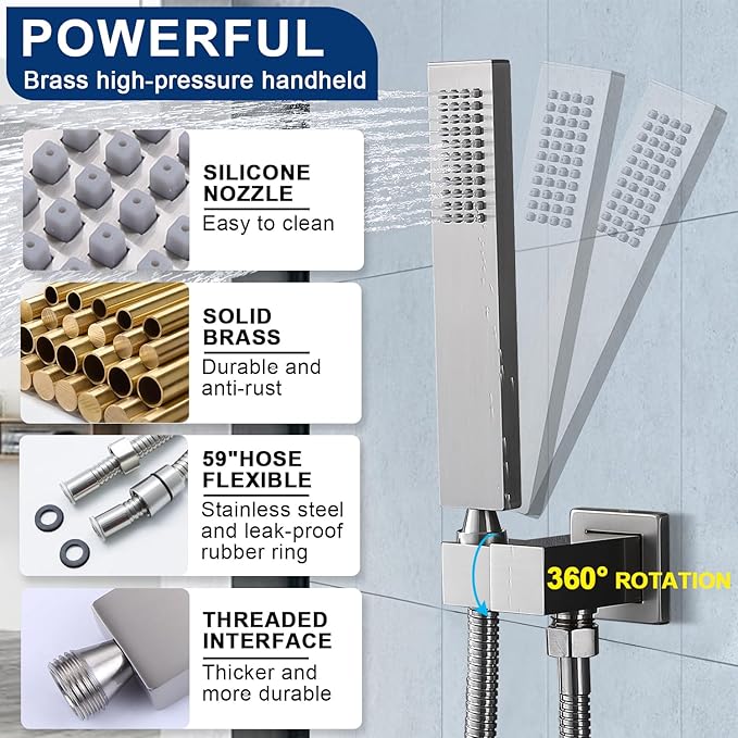 12" Shower Faucet Set Rain Shower System with 6" Wall Mounted Head Full Body Luxury Rain Shower System Rainfall Shower Head with Handheld Combo,3 Way Pressure Balance Valve Kit,Brushed Nickel