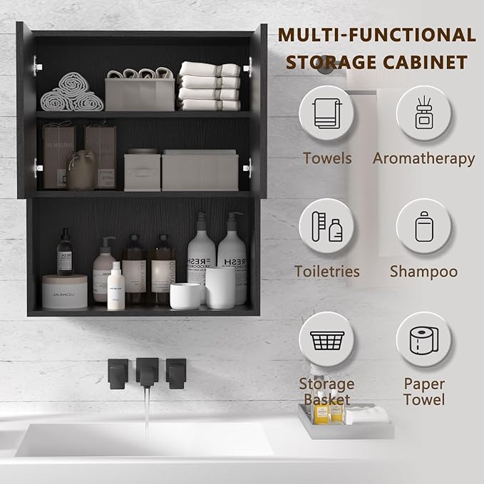 Fluted Bathroom Wall Cabinet Over The Toilet Storage,Wall Mounted Cabinet with Adjustable Shelf,Floating Cabinet Organizer Hanging Cabinet,Kitchen and Laundry Room Cabinets (Black-2 PCS)