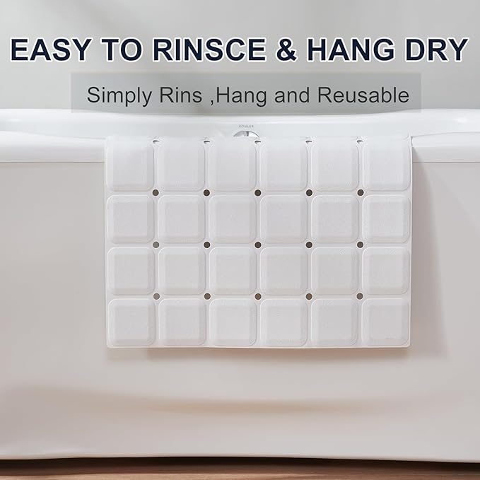 Anti Slip Shower Mat for Tub & Shower Stall, 21" x 21" Square Silicone Bathtub Mat with Powerful Suction Cups, Fast-Draining, Machine Washable Soft Foldable Bathroom Mat, White