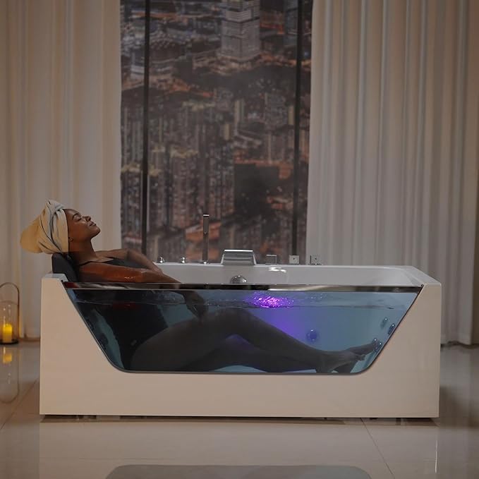 Empava 67" x 30" Whirlpool Tub,750W Acrylic Jetted Bathtub with 11 Jets,Hydromassage with Chromatherapy,3-Side Apron,67 Gallons,ETL Certified