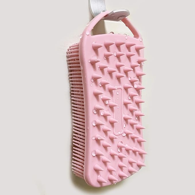 2 PC Silicone Body Scrubber, 2 in 1 Exfoliating Shower Bath Scrubber, Soft Silicone Loofah for Sensitive Skin, Shower Hair Scalp Massager, Easy to Clean, Lather Well (Black&Pink)