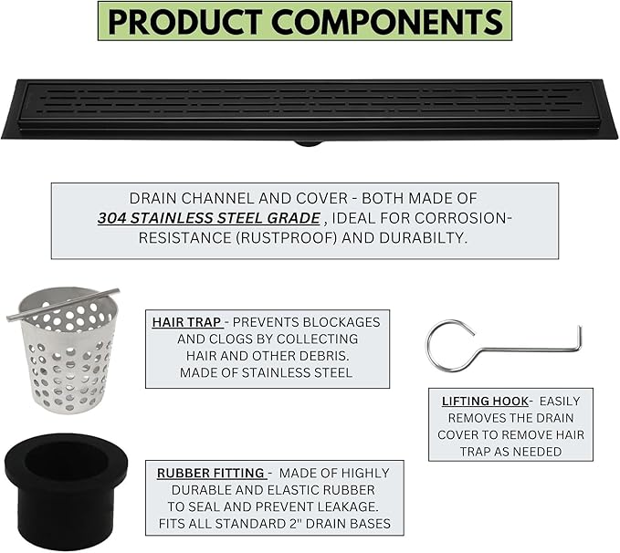 304 Stainless Steel 48 Inch Matte Black Shower Drain Kit Broken Lane Linear Shower Drains for Tile Floor Long Hair Catcher Strainer Grate Cover Bathroom (Matte Black, 47 Inch)