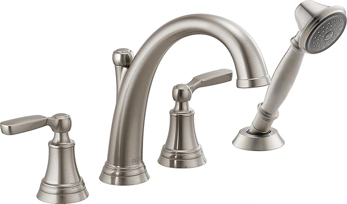 Delta Woodhurst Roman Tub Faucet with Hand Shower, Brushed Nickel Deck Mount Bathtub Faucet, Stainless T4732-SS (Valve sold separately)