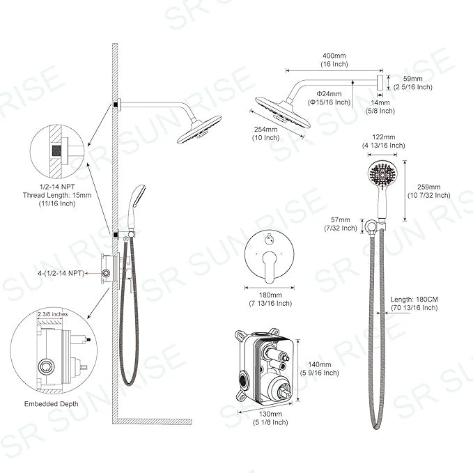 SR SUN RISE Shower Faucet - 10 Inch Multifunctional High Pressure Shower Head System with Handheld Shower Head Fixtures - Valve Included - Matte Black