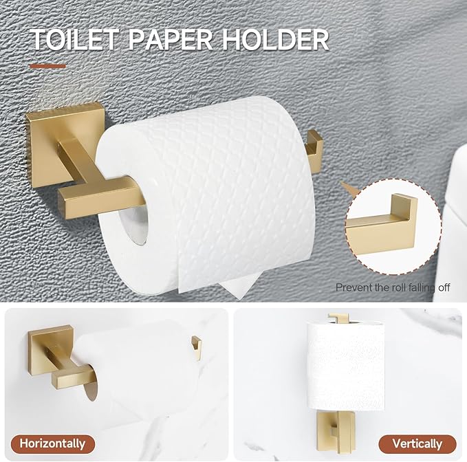 TQKAG 7-Pieces Brushed Gold Bathroom Hardware Accessories Set 23.6" SUS304 Stainless Steel Towel Bar Set Toilet Paper Spare Rolls Storage Holder Wall Mounted