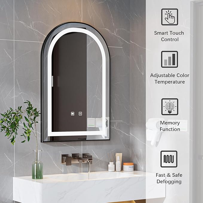 LED Bathroom Mirrors with Lights,24"x36"Black Arched Mirror for Bathroom,Fogless,3 Colors Dimmable,Anti-Fog,Wall Mounted Lighted Vanity Mirror,Black