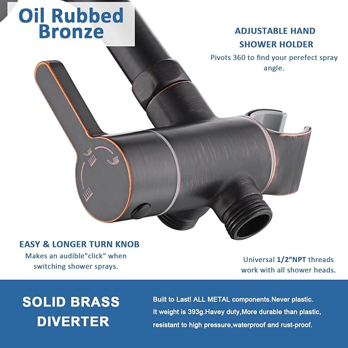 3 Way Shower Diverter Valve with Hand Shower Holder, G1/2 Shower Head Splitter, Shower Arm Diverter, Bathroom Universal Shower System Replacement Part (Oil Rubbed Bronze)