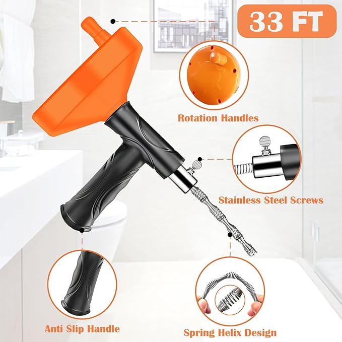 Drain Snake Auger 33 Feet, Plumbing Snake Drain Hair Clog Removal Tool, Heavy Duty Toilet Snake Auger, Sink Unclogger Drain Cleaner Tool for Bathroom Kitchen Tub Shower Drain Clog Remover with Gloves