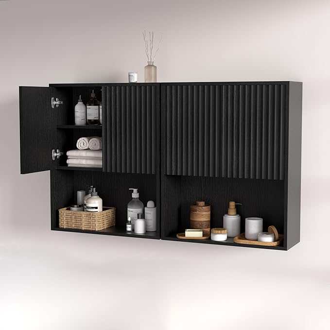Fluted Bathroom Wall Cabinet Over The Toilet Storage,Wall Mounted Cabinet with Adjustable Shelf,Floating Cabinet Organizer Hanging Cabinet,Kitchen and Laundry Room Cabinets (Black-2 PCS)