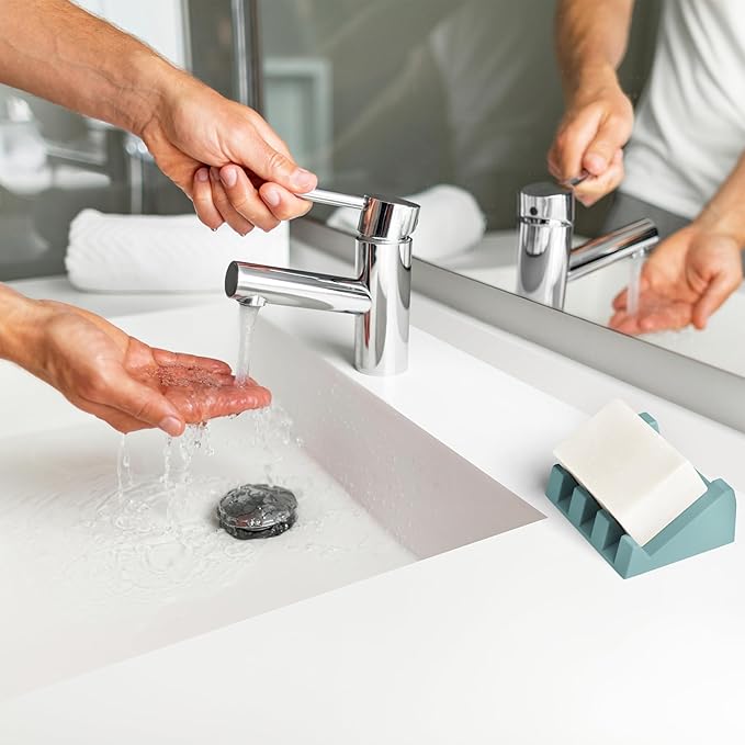 Silicone Soap Dish (USA Patented) Self Draining Bar Soap Holder for Shower Bathroom Sink, Drying Soap Dish Tray Sponge Holder Easy Cleaning Soap Saver Mat Travel Accessories (Teal, 1)
