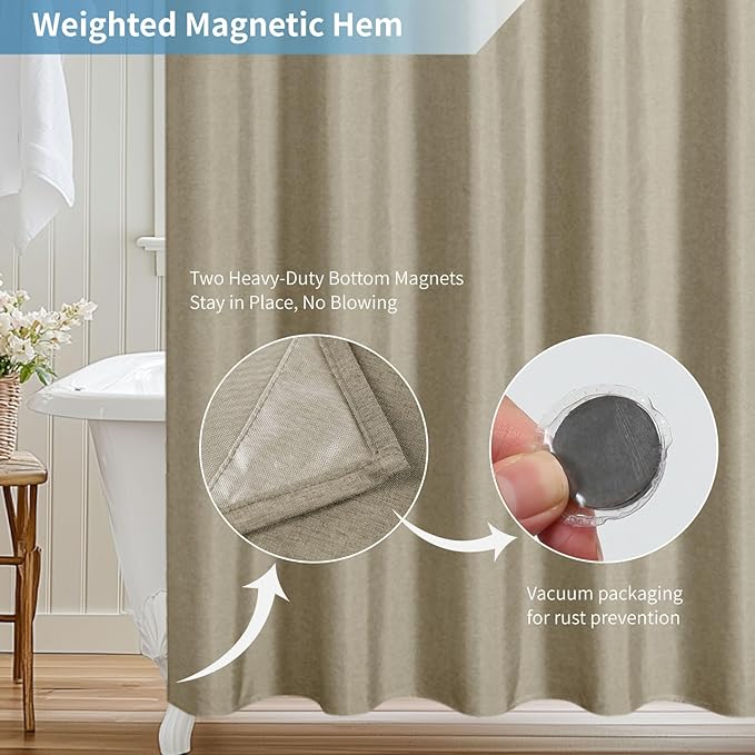 2-in-1 Waterproof Long Fabric Shower Curtain or Liner,Linen Textured,78 Inch Breathable TPU & Washable Bathroom Shower Curtain Set with 12 Plastic Hooks,Modern,72"x78" Khaki