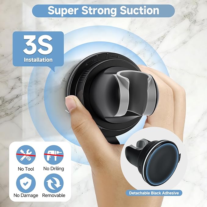 Shower Head Holder, Black 360°Adjustable Handheld Shower Holder Removable No-Drill Strong Adhesive Suction Cup Shower Head Holder for Bathroom