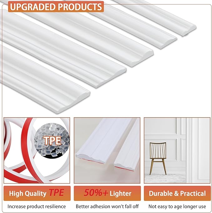 Peel and Stick Chair Rail Panel Molding, 240''L x 1.26''W Strong Self Adhesive TPE Wall Moulding Trim for Home DIY Decoration (Paintable White)