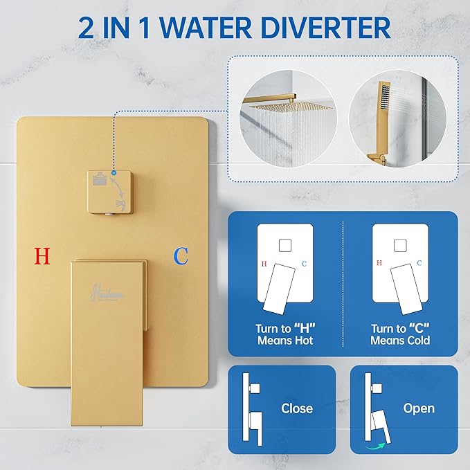 16 Inch Luxury Rain Shower Faucet Set, Brushed Gold Shower System with Rainfall Shower Head and Handheld Spray, SUS304 Stainless Steel and Solid Brass Wall Mounted Shower Valve Trim Kit