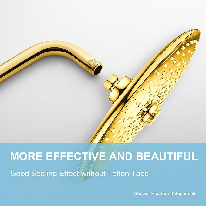 OFFO Shower Arm with Flange, 16 in Bright Gold Wall Mount Replacement Angle Shower Head Arm Wall-Mounted For Fixed Shower Head & Handheld Showerhead