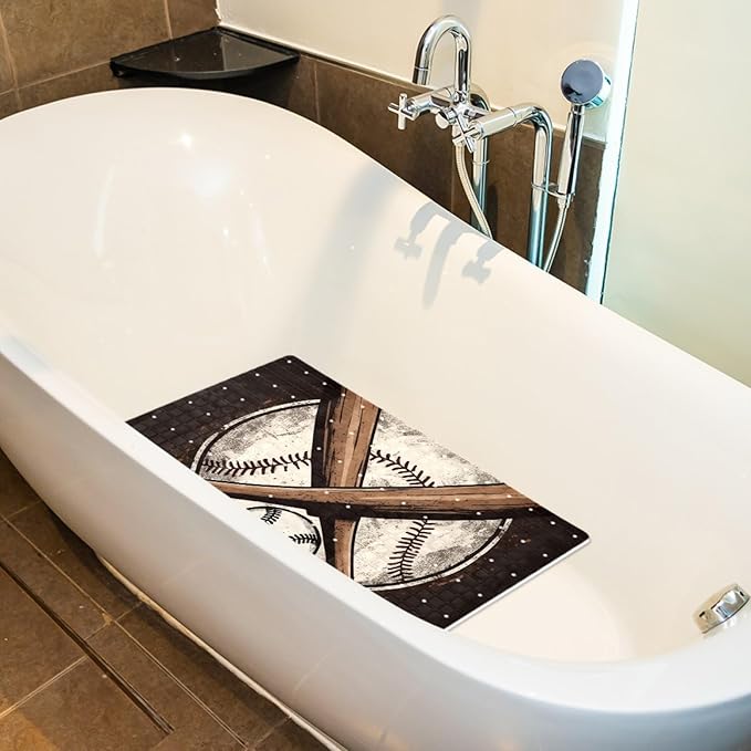 Bath Tub and Shower Mats, Non Slip Bathmat with Drain Holes and Suction Cups for Bathroom Floor, 15.1 x 26.8 Inch (Vintage Crossed Baseball Bat)