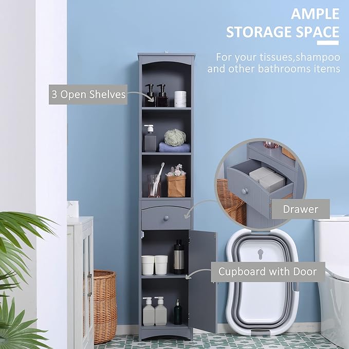 HOMCOM Bathroom Storage Cabinet, Free Standing Bathroom Storage Unit, Tall Linen Tower with 3-Tier Shelves and Drawer, Grey