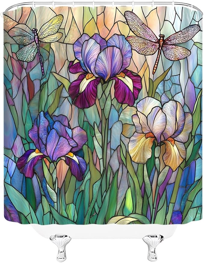 Stained Glass Shower Curtain Artistic Iris Dragonfly Purple Floral Green Leaves Abstract Nature Plant Spring Summer Modern Botanical Fabric Bathroom Decor Curtains with Hooks,47 x 70