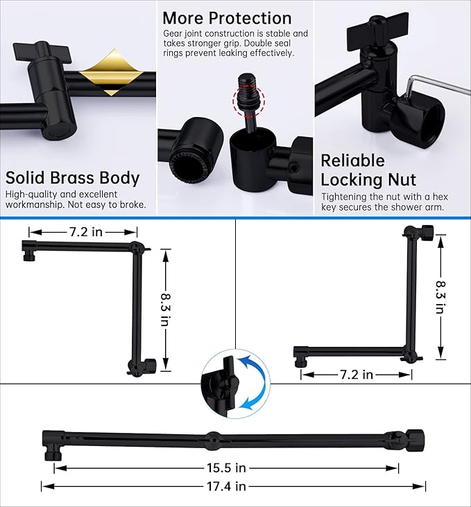 G-Promise 16 Inch Shower Head Extension Arm, Solid Brass Height & Angle Adjustable Extender, Rise or Lower Rainfall and Fixed Shower Head (Matte Black)