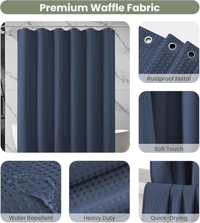 Inhousolu Fabric Shower Curtain Waffle Weave, Navy Blue 230 GSM Heavy Duty, Weighted Hem, 14 Metal Hooks, Water Repellent, Machine Washable, Hotel Spa Luxury Bath Curtain Set, 72 x 96 Inch