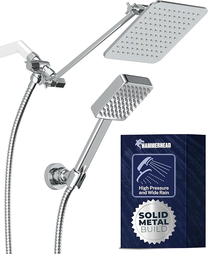 HammerHead® Solid Metal Dual Shower Head Combo — 8" Square Rain Shower Head with Handheld, 12" Adjustable Arm & Wall-Mount Holder for Flexible Installation — Chrome