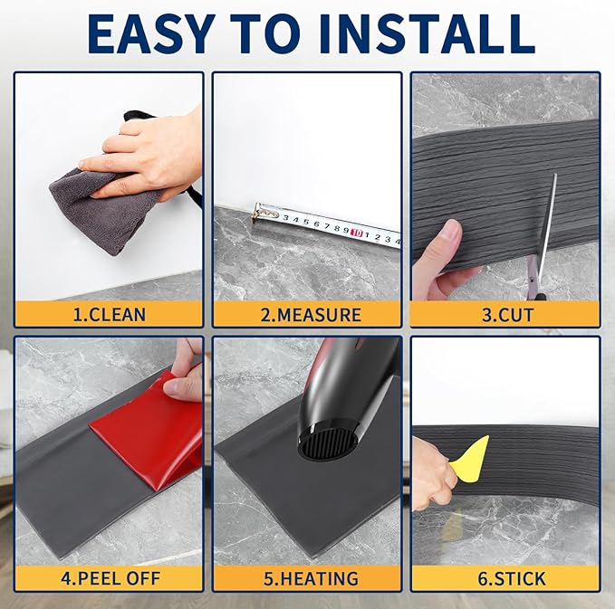 Flexible Baseboard Molding Trim 4 Inch Self-Adhesive Vinyl Wall Base Peel and Stick Cove Base Rubber Wall Baseboard Moulding Trim (20Ft, Deep Gray Wood Grain)
