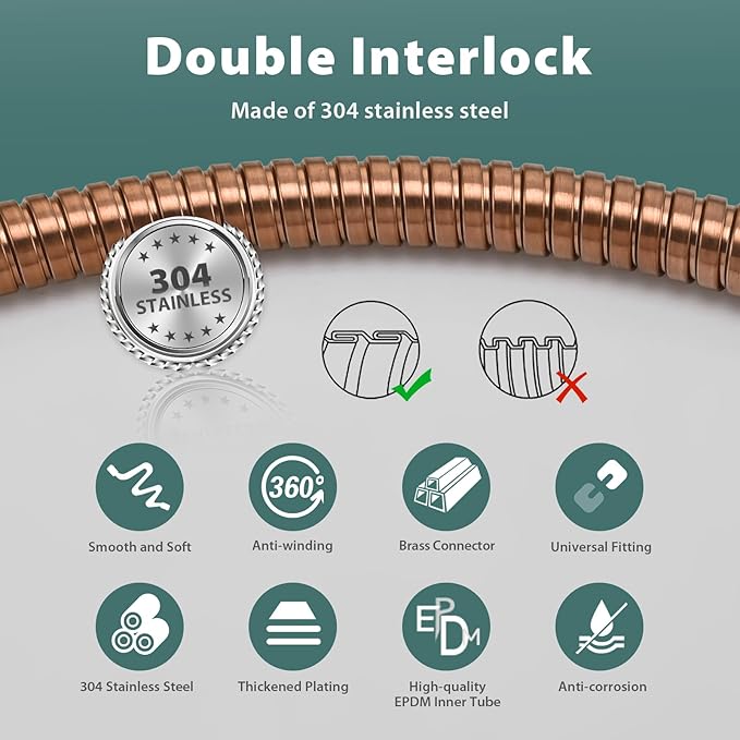 Shower Hose Replacement For Cleaning 304 Stainless Steel Shower Head Hoses 59 Inches High Pressure Bidet Hose Flexible Rose Gold Extension Showerhead Hoses Extra Long (Rose Gold, 58 In)