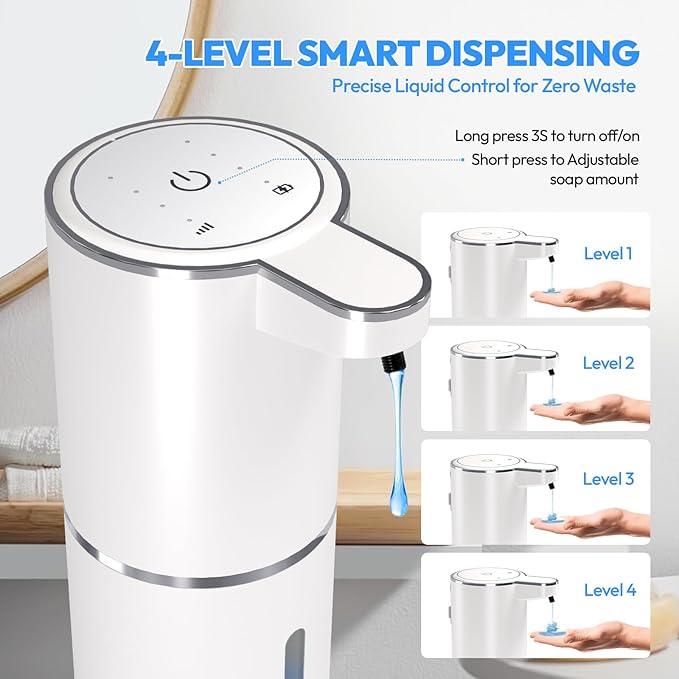2 Pack Automatic Soap Dispenser Touchless,Liquid Hand Soap Dispenser 12.8oz USB 4levels Adjustable Dispenser Electric Wall Mounted Smart for Bathroom and Kitchen Dish Soap，Easy for Toddlers(White)