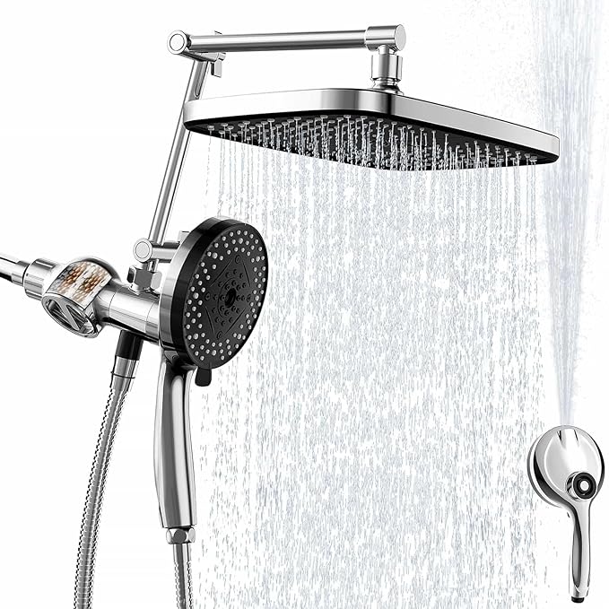 Denkee Filtered Shower Head High Pressure, 12 Inch Rain Shower Heads with Handheld Spray Combo, 10 Sprays Detachable Showerhead Built-in Magnetic Docking and Power Jets, Come with Filter Replacement