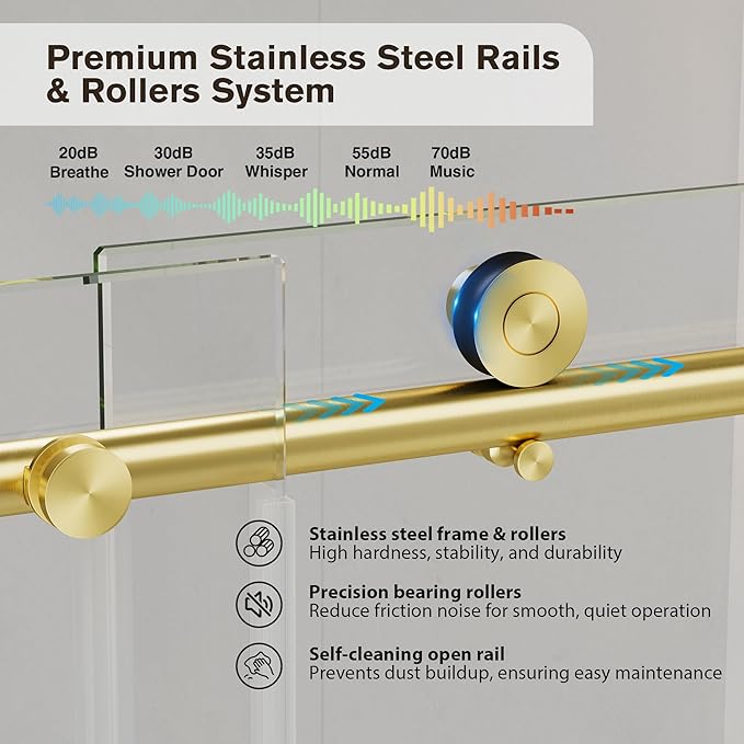 Frameless Glass Shower Door, 49-54" W x 76" H Sliding Frameless Shower Door, 1/4''(6mm) SGCC Tempered Glass, Explosion-Proof Film Nano Coating, Stainless Steel Hardware, Brushed Gold