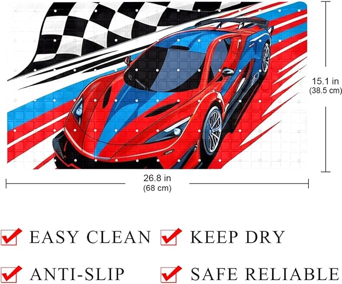 Bath Tub and Shower Mats, Non Slip Bathmat with Drain Holes and Suction Cups for Bathroom Floor, 15.1 x 26.8 Inch (Retro Race Car with Checkered Flag)