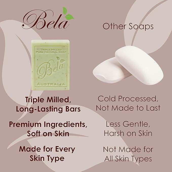 BELA Oatmeal Soap with Milk and Bran 3.3 OZ, Pack of 12, Long Lasting French Triple Milled Bar Soap with Organic Shea Butter, Hand, Face and Body Wash Bars, Made in Australia