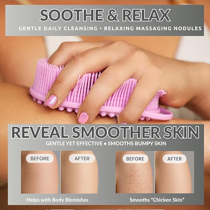 Silver Infused Silicone Body Scrubber Shower - Gentle Back Scrubber Soft Bristles - Avilana Premium Dual Sided Bath Brush Massage - Advanced Material Loofah Alternative - Gift Women Men