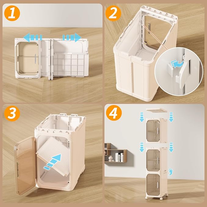 KHNR 4-Tiers Slim Bathroom Storage Cabinet, Foldable Storage Cabinets,Narrow Bathroom Storage,Movable Bathroom Storage Organizer for Small Spaces,Bathroom,Kitchen,Laundry,Cream White