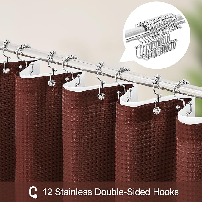 3 in 1 Stall Half Size Brown Shower Curtain Set-36 W x 72 H, Modern Waffle Waterproof Fabric and PEVA Liner Set with Stainless Steel Hooks