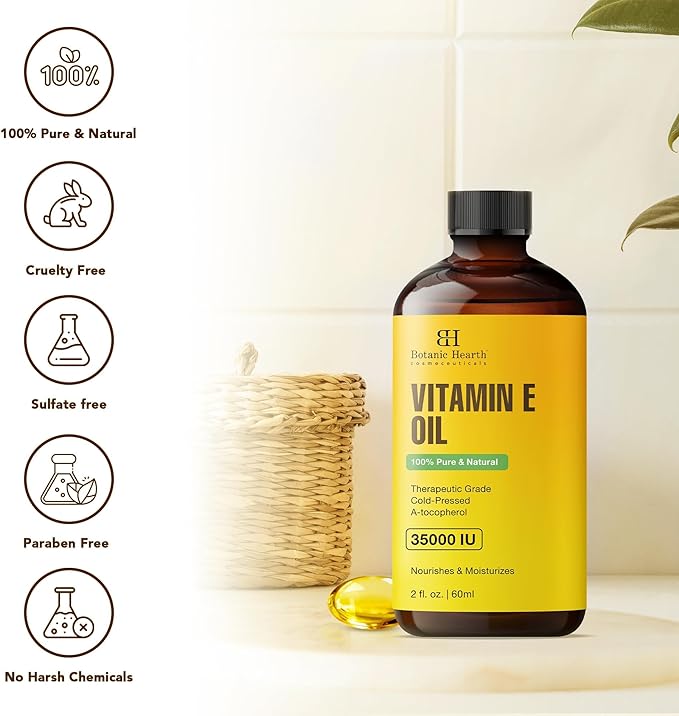 Botanic Hearth Vitamin E Oil (Glass Bottle 2 Fl Oz) | 100% Pure and Natural Oil for Growth of Nails, Hair, Eyebrows & Eyelashes | 35,000 Iu | Hair & Body Oil with Eyebrow & Eyelash Brush