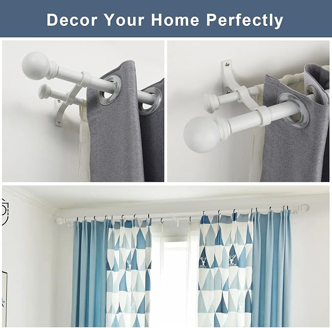 Double Curtain Rod 48 to 84 inch, Adjustable 1 inch Double Drapery Rod Rods for Windows and Doors with Ball Round Finials and Premium Aluminum Brackets Set(48-84",Matte White)