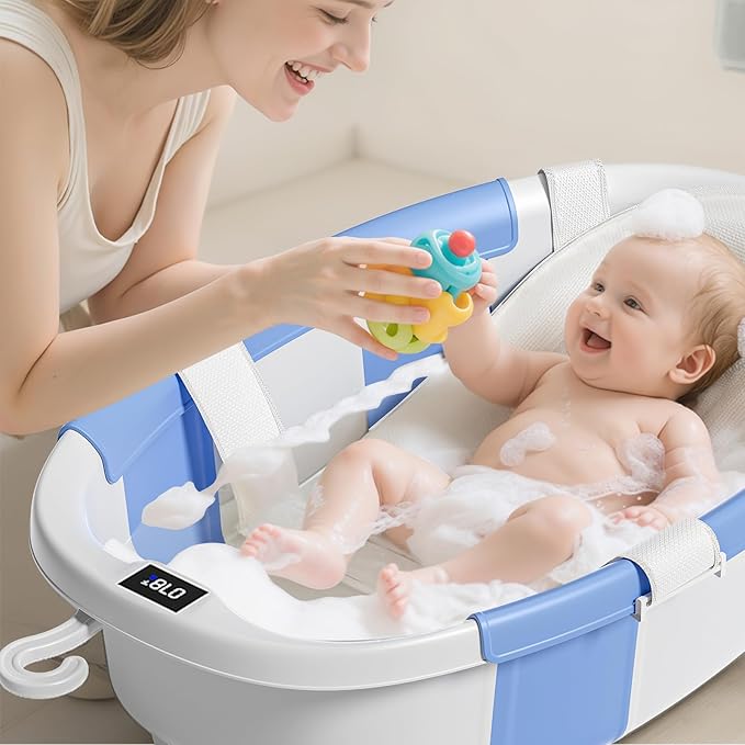 Collapsible Baby Bathtub, Baby Tubs for Newborns with Soft Cushion & Thermometer & Toy Organizer Mesh Bag, Infant Bathtub to Toddler 0-36 Months, Portable Travel Newborn Baby Bathtubs (Blue)